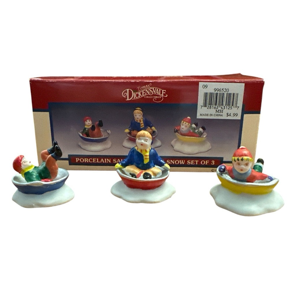 Vintage Lemax Dickensvale Porcelain Saucers Sledding In The Snow Set of 3 W/ Box